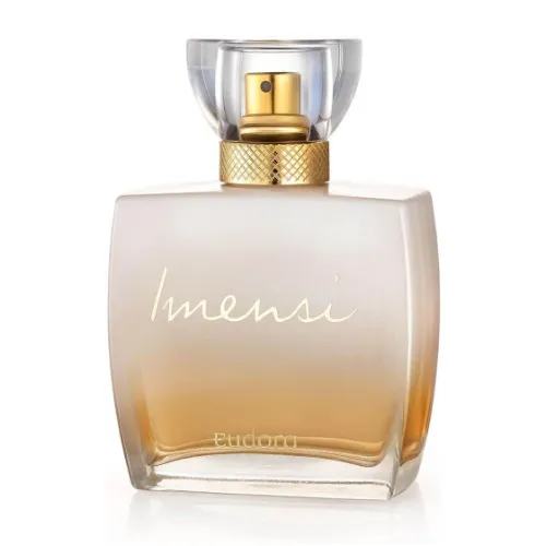 Frasco de perfume Eudora alto e fino com cor de caramelo