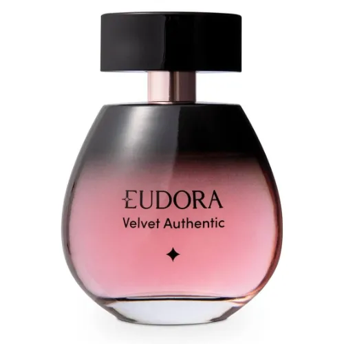 Perfume Eudora com frasco baixo e oval, cor rosa pink e tampa preta