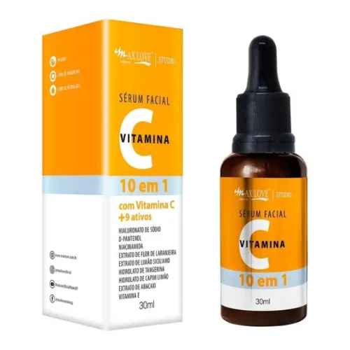 Sérum vitamina C com frasco e tampa pretos, e rótulo laranja