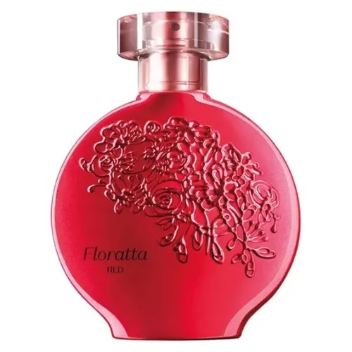 Frasco de perfume redondo e achatado, vermelho com tampa dourada