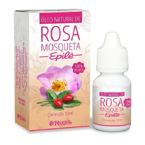 Bisnaga de óleo de rosa mosqueta bem pequena, com rótulo rosa e tampa branca