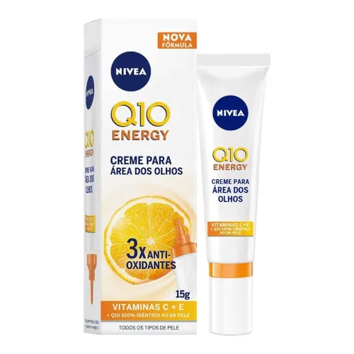 Bisnaga de creme para os olhos com rótulo branco e laranja e tampa branca