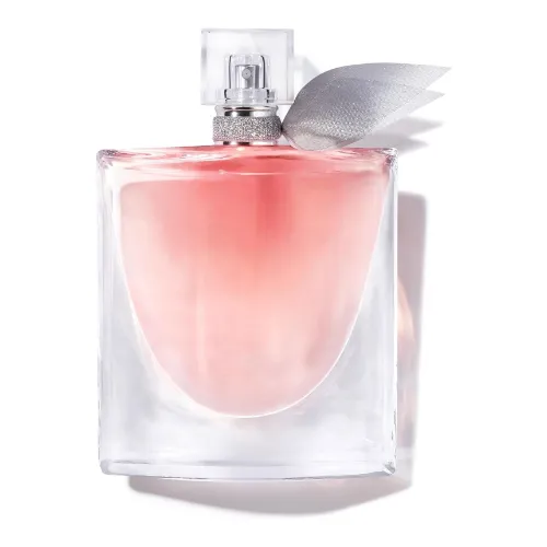 Perfume feminino importado com frasco oval, líquido rosa e uma gravatinha no borrifador