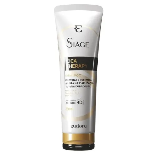 Shampoo Siage com rótulo branco e dourado