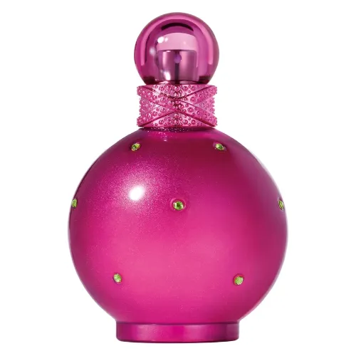 Perfume feminino importado com frasco e tampa esféricos de cor rosa choque