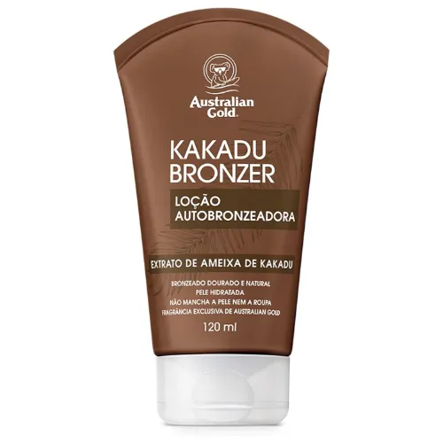 Bisnaga de autobronzeador pequena, de rótulo marrom e tampa branca