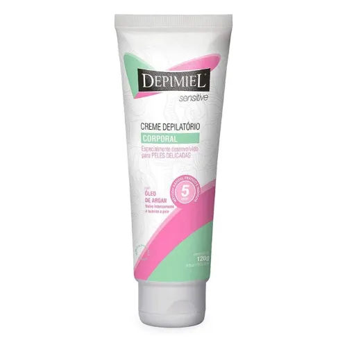 Bisnaga de creme depilatório para partes íntimas de rótulo branco, verde e rosa