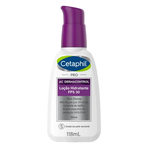 Pote de hidratante facial para pele oleosa com pump acionado roxo e rótulo cinza