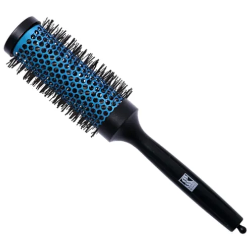 Escova cilíndrica com cabeçote azul e cerdas pretas e cabo preto