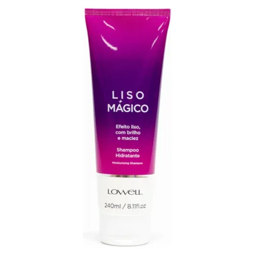 Bisnaga de shampoo para cabelo liso pequena, com rótulo lilás e tampa branca