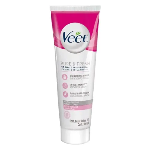 Bisnaga de creme de depilação com rótulo branco e rosa