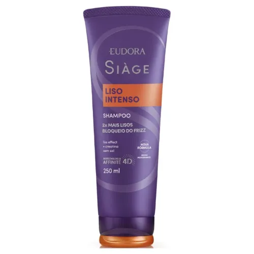 Bisnaga de shampoo para lisos grande, com rótulo lilás e laranja