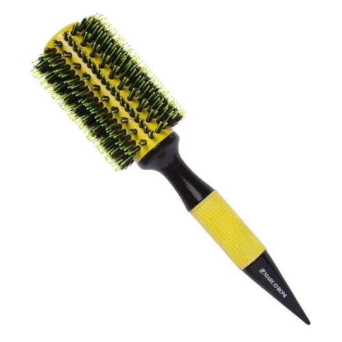 Escova profissional com cabeçote amarelo, cerdas pretas e cabo amarelo