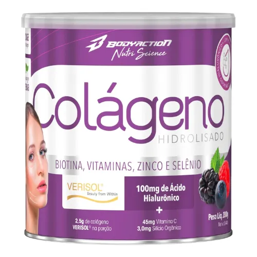 Pote de colágeno com ácido hialurônico pequeno com rótulo lilás e branco