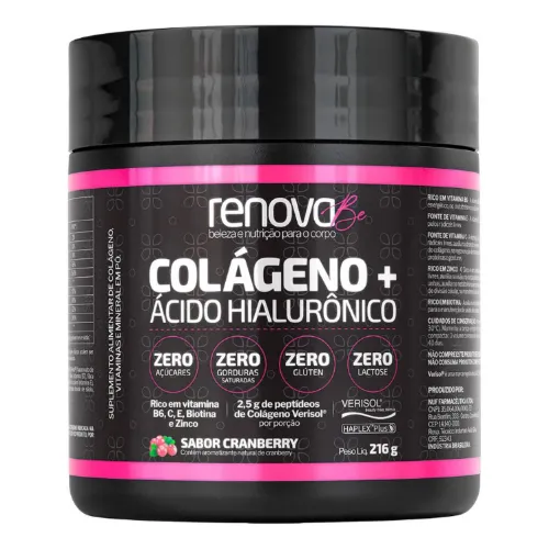 Pote de colágeno pequeno com rótulo preto e rosa e tampa preta