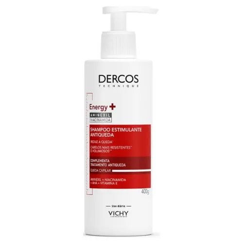 Pote de shampoo para cabelo crescer com rótulo vermelho e pump branco