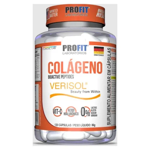 Pote de colágeno grande com rótulo branco e tampa laranja