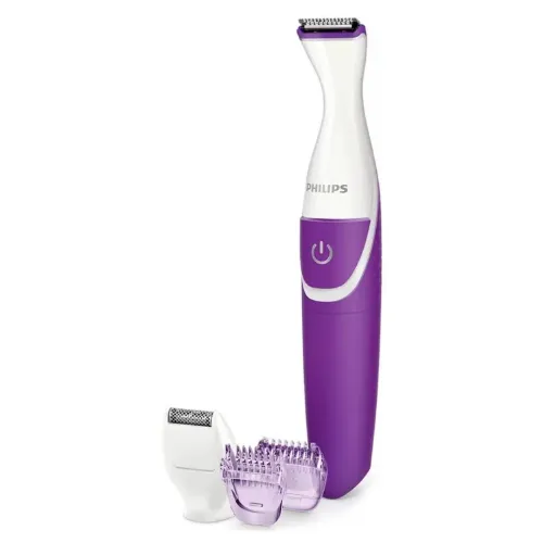 Depilador elétrico feminino fino e comprido branco e lilás com cabeçote pequeno