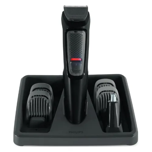 Aparador de barba preto com base cinza e 4 pentes