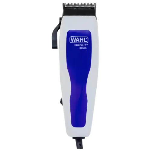 Máquina de cortar cabelo azul e branca com alavanca