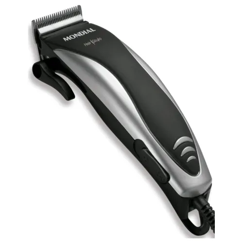 Máquina de cabelo preta e prata com alavanca lateral